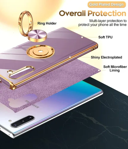 Vista 2 de LeYi Funda para Galaxy Note 10: Soporte de anillo giratorio de 360°, soporte magnético, funda protectora con borde de oro rosa chapado