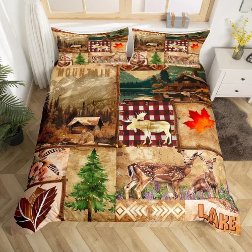 Vista 21 de Funda de edredón de ciervos de alce, juego de ropa de cama de animales del bosque, decoración rústica de granja, funda de edredón individual