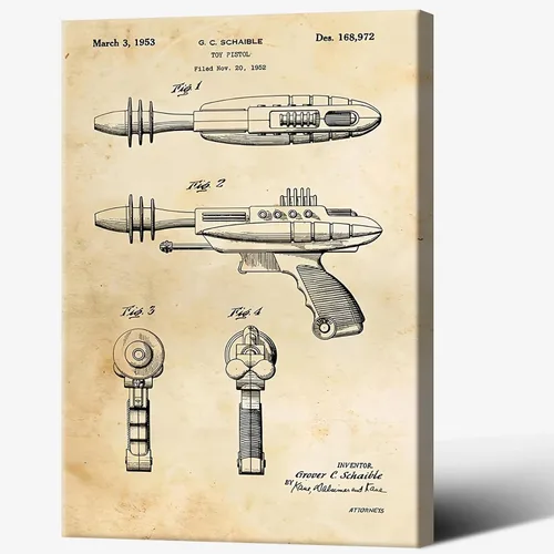 Vista 10 de Póster retro de juguete con pistola láser de Estados Unidos, arte de pared, arte de pared de ciencia ficción futurista, impresión de pistola