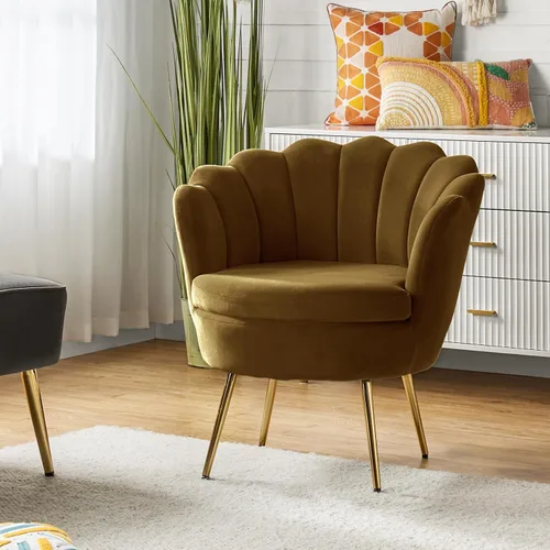 Vista 12 de HULALA HOME Silla decorativa moderna de terciopelo con respaldo en forma de concha, bonito sillón para sala de estar, dormitorio con patas doradas