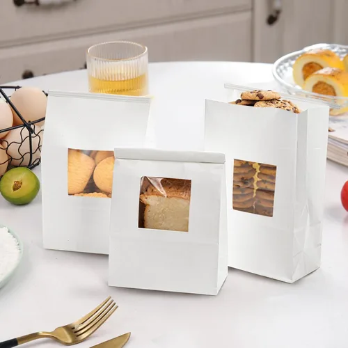Vista 7 de AVLA Paquete de 100 bolsas de panadería con ventana, bolsa de galletas de 5.9 x 2.8 x 9.2 pulgadas, bolsas de papel kraft blanco, bolsas de bloqueo