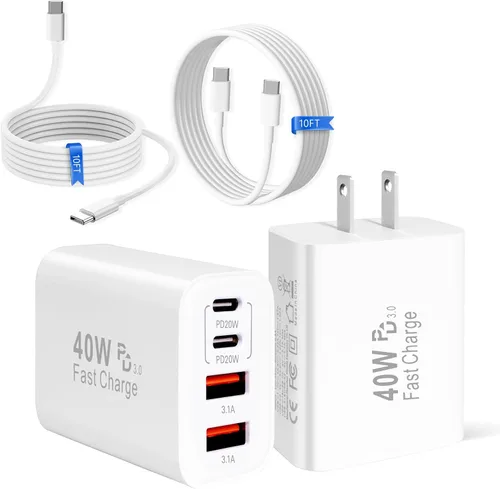 Vista 8 de Cargador para iPhone 17 16 15 de carga rápida, 40 W de doble puerto A/C, cargador de teléfono de carga rápida USB C, cable de carga rápida de 10