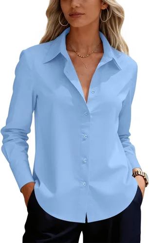 Vista 19 de siliteelon Camisas de vestir con botones para mujer, camisas de vestir de manga larga para mujer, camisas de trabajo de algodón de ajuste regular