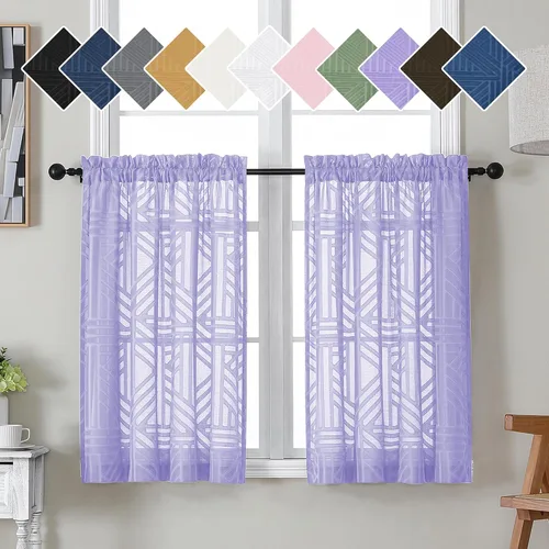 Vista 61 de Simplebrand Cortinas traslúcidas negras de cocina de 24 pulgadas de largo, 2 paneles, filtrado de luz, geométrico jacquard con textura, cortinas