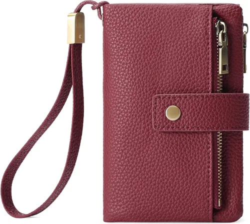 Vista 7 de SENDEFN Cartera pequeña para mujeres de cuero con bloqueo RFID, cartera de muñeca, tarjetero con doble cremallera, monedero, cartera bifold
