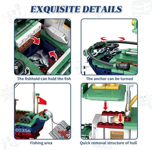 Vista 4 de Juego de bloques de construcción de barcos de pesca, juego de bloques de construcción de pesca en el mar, juego de juguetes de colección