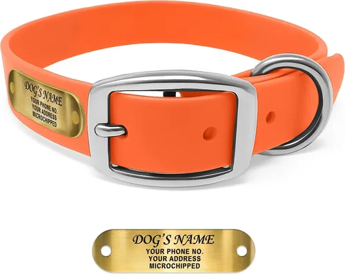 Vista 17 de Regal Dog Products Collares de perro pequeños negros impermeables con placa de nombre personalizada grabada Collar de perro de Biothane