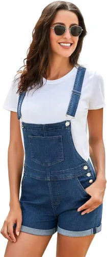 Vista 5 de Vetinee - Overol corto clásico de mezclilla con tirantes ajustables para mujer, con dobladillo con puño