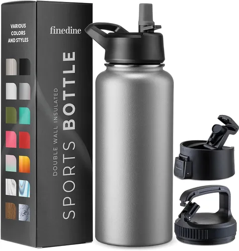 Vista 33 de FineDine Botellas de agua aisladas de triple pared con popote, botella de metal de acero inoxidable de 25 onzas con 3 tapas a prueba de fugas