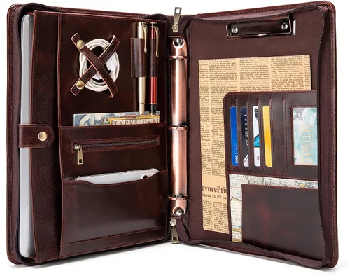 Vista 11 de YIWEN Portafolio de cuero genuino hecho a mano, portafolio con cremallera y carpeta de 3 anillos, organizador profesional de negocios, carpeta