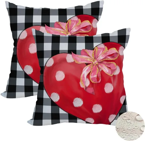 Vista 9 de Fukeen Paquete de 2 fundas de almohada impermeables para el día de San Valentín para exteriores, de 16 x 16 pulgadas, color blanco, rojo, corazón