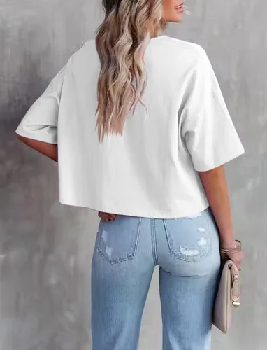 Vista 2 de TICTICMIMI Camisetas cortas de verano para mujer, manga corta, cuello redondo, camisetas básicas sin botones