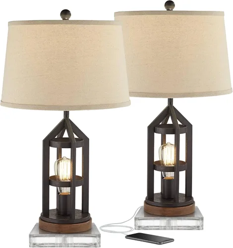Vista 17 de Franklin Iron Works Lucas - Juego de 2 lámparas de mesa occidentales de 26 pulgadas de alto con puerto de carga USB y luz nocturna, pantalla LED