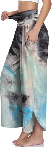 Vista 2 de UEU - Pantalones de yoga de pierna ancha para mujer, cintura alta, cómodos, para danza, deportivos, holgados, casuales, suaves, con bolsillos