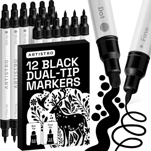 Vista 14 de ARTISTRO 5 marcadores negros de pintura acrílica de doble punta, juego de bolígrafos de pintura con puntos y puntas finas para tela, rocas, vidrio