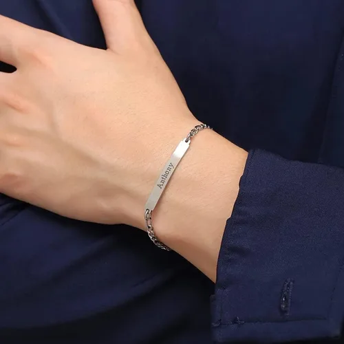 Vista 5 de LeCalla Pulsera personalizada con nombre de identificación personalizada grabada Pulsera de identificación de barra de eslabones para hombre