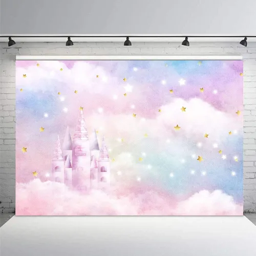Vista 9 de MEHOFOND Acuarela de arco iris pastel para estudio fotográfico, decoración de fondo para cabina de estudio fotográfico, estrellas doradas, nube
