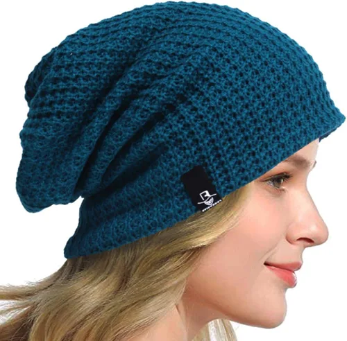 Vista 18 de Gorro holgado para mujer, boina de punto, gorra de calavera holgada para invierno y verano, B08w Azul/Amarillo/Púrpura