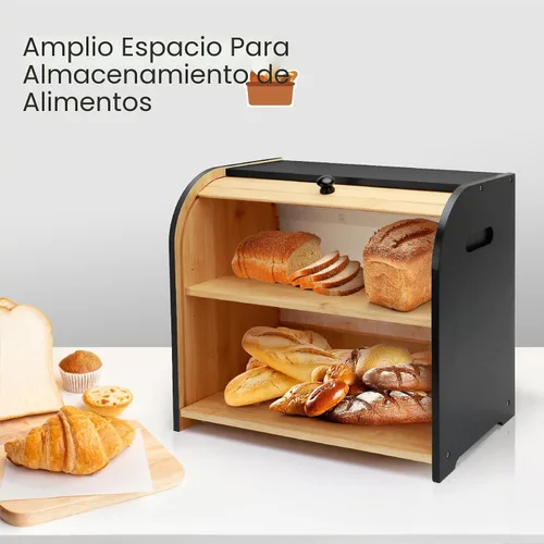 Vista 3 de Panera para Encimera de Cocina, Contenedor de Almacenamiento de Pan de Bambú de Doble Capa para Pan Casero, Panera con Tapa Enrollable con 3 Alturas