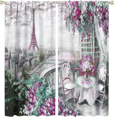 Vista 47 de Cortinas de la Torre Eiffel de París, pintura al óleo, flores moradas, torres de ciudad, con bolsillo para barra, cortinas de ventana