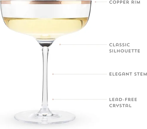 Vista 2 de Twine Copas de cóctel de cristal con borde de cobre, perfectas para Martini, champán, cosmopolitan, Manhattan, accesorios de bar en casa, 10 onzas