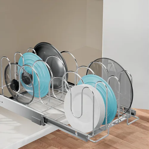 Vista 3 de RITSU Organizador de tapa de sartén y olla deslizante para gabinete, estante extraíble para tapa de olla, tabla de cortar, soporte para utensilios