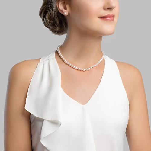 Vista 3 de The Pearl Source Collar de perlas cultivadas de agua dulce blancas de calidad AAAA de oro de 14 quilates de 6.5 a 0.276 in para mujer, longitud