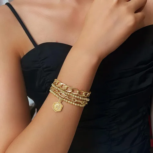 Vista 3 de Pulseras chapadas en oro para mujer, pulseras con inicial de oro, juego de pulseras apilables de cuentas en capas de oro, pulseras lindas, Ágata