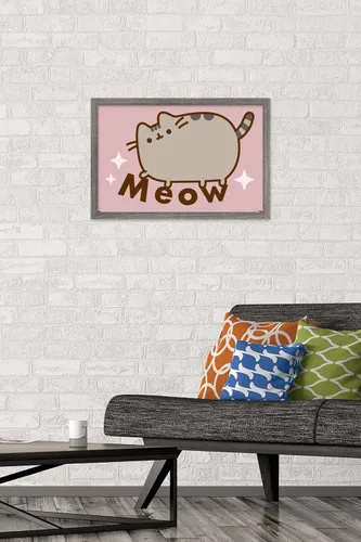Vista 2 de Pusheen - Póster de pared de miau, 22.4 pulgadas de largo x 14.7 pulgadas de ancho, versión enmarcada en madera de granero
