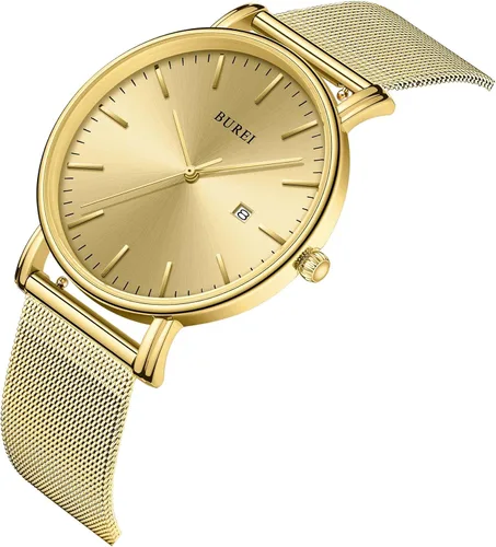 Vista 2 de BUREI - Reloj de pulsera analógico para hombre con fecha, extensible de malla de acero inoxidable