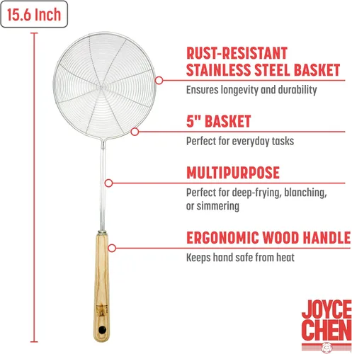 Vista 19 de Joyce Chen Kitchen Spider Strainer - Cesta de alambre de acero inoxidable de 7 pulgadas con mango de bambú resistente al calor