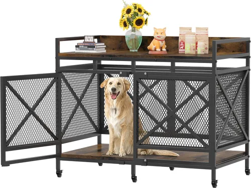 Vista 8 de COZPAW Jaula para perros de 48 pulgadas con ruedas, marrón Perrera extra grande para perros XL, mesa auxiliar de madera con barandilla, marco