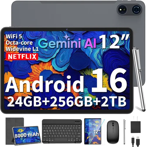 Vista 10 de Tablet grande de 12 pulgadas 2026, Android 16 con teclado, 24GB+256GB+2TB Expand, Tablets PC con 2K Gemini AI, 8000mAh, Octa-Core, 16+8MP, tabletas