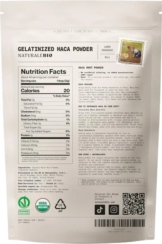 Vista 9 de NaturaleBio Polvo de Maca Orgánico 8 oz. Peruano, Natural y Puro, de Raíz de Maca Orgánica. Apto para vegetarianos y veganos - Gelatinizado.