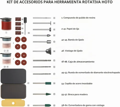 Vista 8 de HOTO Kit de Accesorios para Herramientas Rotativas, 60 Piezas de Accesorios, Lijado, Rectificado, Corte, Perforación, Afilado, Tallado, Grabado