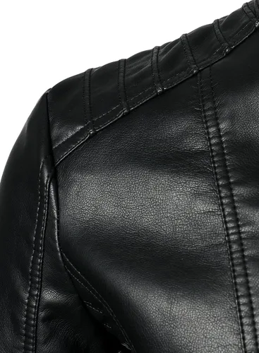 Vista 4 de HOOD CREW Chaquetas de cuero para hombre, chaqueta de motocicleta negra, cuello alto, chaqueta de piel sintética