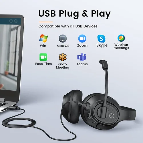 Vista 7 de EKSA Auriculares con micrófono para laptop, auriculares con cable para computadora con controles de volumen y silencio de micrófono, auriculares