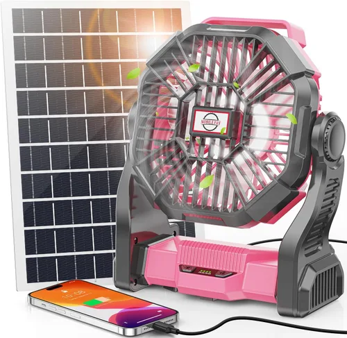 Vista 10 de Ventilador Solar de 20000mAh con Farol LED, Panel Solar Recargable de 10W, Ventilador de Camping Alimentado por Batería para Exteriores, de 9