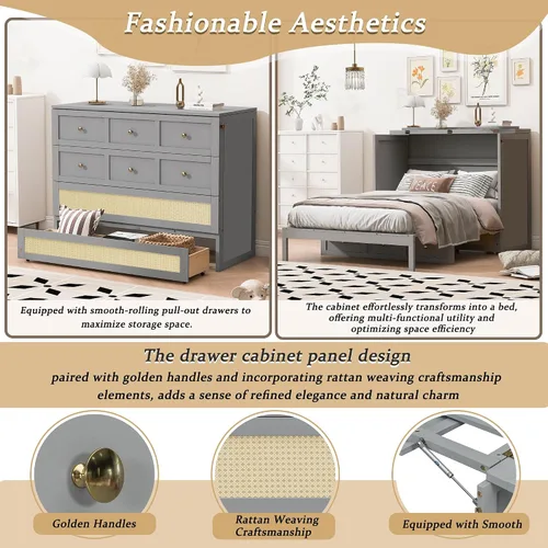 Vista 6 de Murphy - Cama de pared con cajones grandes, para apartamentos de habitaciones pequeñas, estudio, oficina en casa (color gris # z, matrimonial)