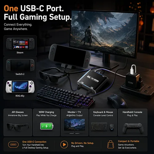 Vista 2 de Guermok Hub de pantalla USB-C dual 4 en 1, video 4K a 60Hz, carga rápida PD 100W y USB 3.0 5Gbps, compatible con gafas AR, Switch 2, computadoras