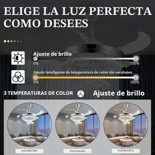 Vista 5 de Ventilador de techo de 42" de cristal con luces, ventilador de araña de cristal moderno DIY con control remoto, ventilador de techo retráctil
