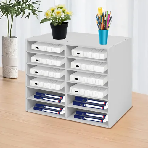 Vista 9 de Organizador de literatura de escritorio con 12 compartimentos, clasificador de archivos ajustable, centro de correo, soporte para revistas, gabinete