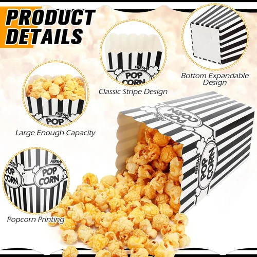 Vista 6 de Xinnun 100 piezas Cajas de palomitas de maíz 32oz Cubos de papel clásicos con rayas desechables a prueba de aceite Caja abierta retro
