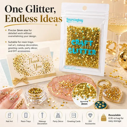 Vista 4 de Sourcingbay Brillo holográfico de estrella de 0.118 in, 0.35 oz, oro láser Dorado