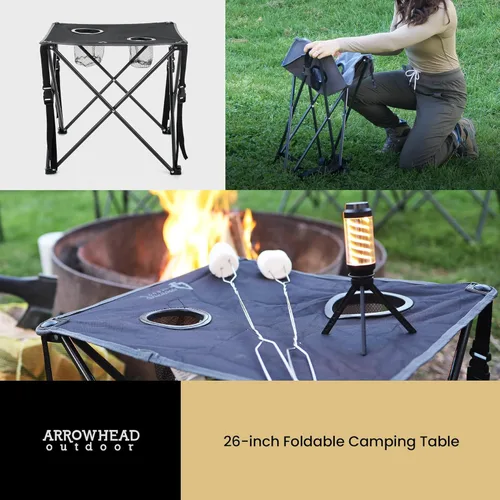 Vista 7 de ARROWHEAD OUTDOOR Mesa plegable portátil de 26 pulgadas (26.0 in), 2 portavasos, cuadrado, funda de transporte, marco de acero, lona 600D de alto