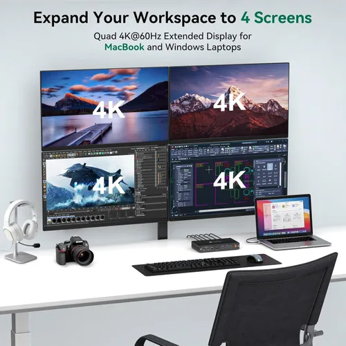 Vista 3 de Estación de acoplamiento Thunderbolt 4 monitores 4K a 60Hz para M1 M2 M3 M4 MacBook Pro/Air con tecnología DisplayLink, Base USB C 15 en 1 con 4