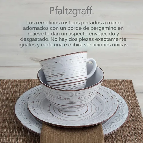 Vista 4 de Pfaltzgraff Trellis White - Juego de vajilla de gres de 16 piezas, servicio para 4, acabado blanco desgastado, platos y cuencos seguros para Blanco