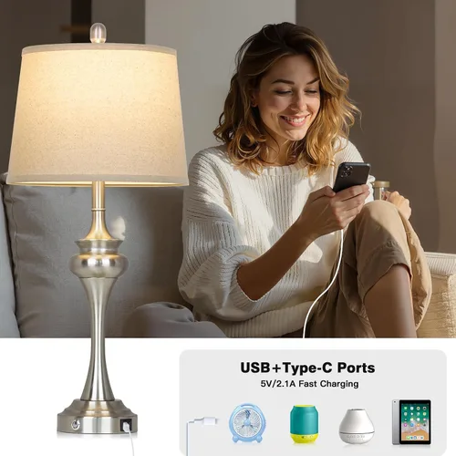 Vista 2 de Rinweey Lámpara de mesa plateada de 30 pulgadas individual, lámpara de noche de control táctil de 3 vías con puertos USB A+C, modernas lámparas