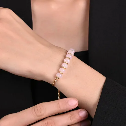 Vista 6 de Gempires - Pulsera de cuentas redondas naturales, chapada en oro amarillo de 14 quilates, joyería hecha a mano, pulseras ajustables para mujer