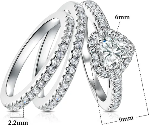 Vista 6 de MDFUN Juego de anillos de compromiso con halo de corazón tres en uno, anillo de compromiso chapado en oro blanco de 18 quilates, circonita cúbica